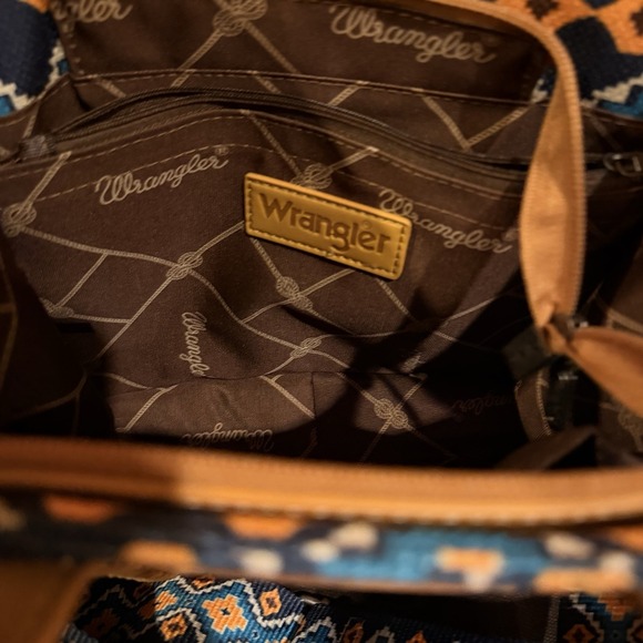 Wrangler Southwestern Aztec Print Canvas Tote Crossbody Bag Blue & Mustard New - Picture 6 of 10